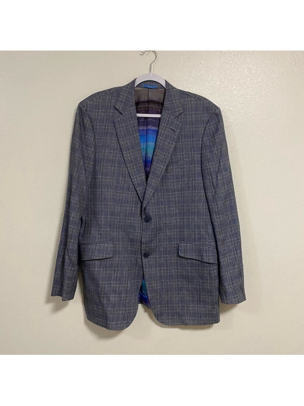 Etro Blazer Men’s Large/54 Gray Plaid Wool Flax Cotton Silk Sports Coat Blazer